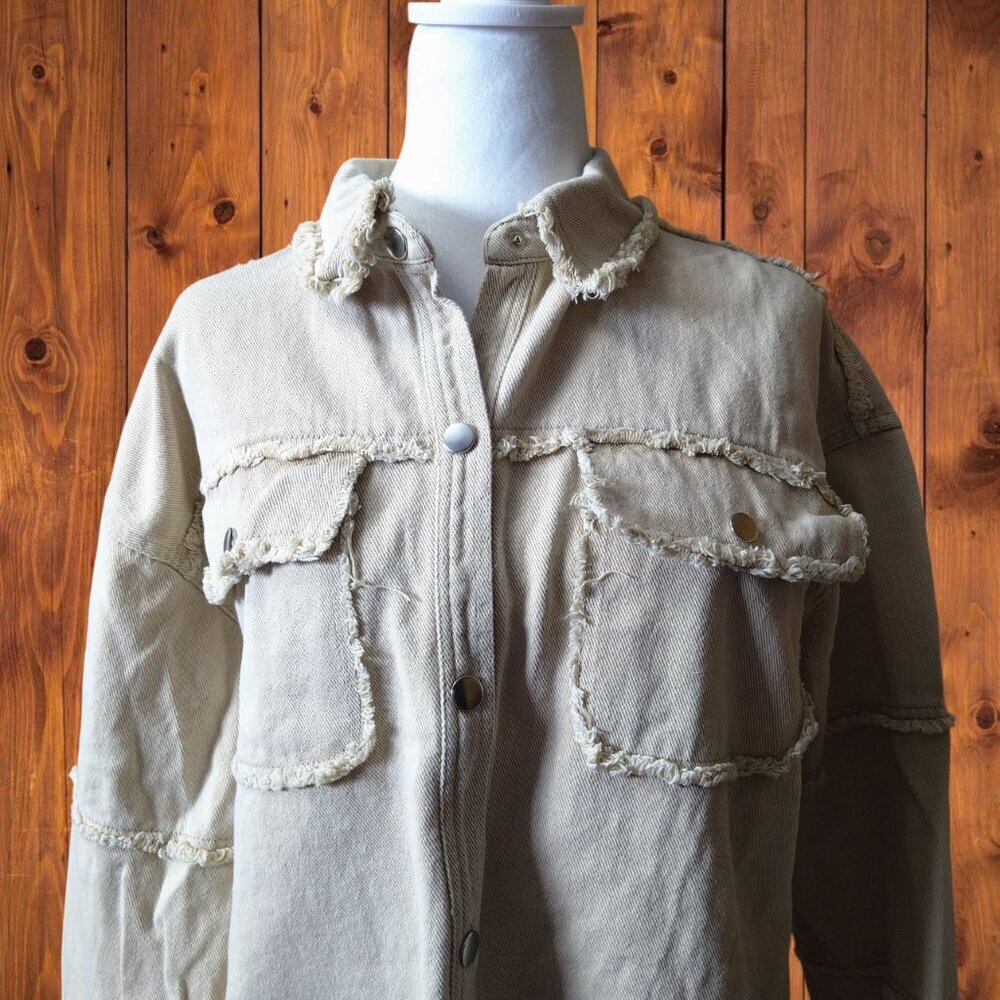 Blue B Collection Women's Small Beige Denim Jean Shirt Jacket Snap Butterfly - Picture 2 of 7